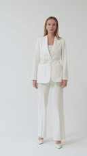Floral Detail Ecru Women's Blazer Jacket and Wide Leg Trousers