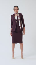 Plum Women's Blazer Jacket and Pencil Skirt with Gold Button Detail and Scarf