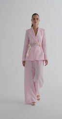 Desenli Kemer Detaylı Blazer Pembe Keten Takım